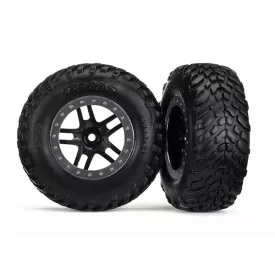   Traxxas Tires & wheels, assembled, glued (SCT Split-Spoke black, satin chrome beadlock style wheel, dual profile (2.2" outer, 3.0" inner), SCT off-road racing tires, foam inserts) (2)