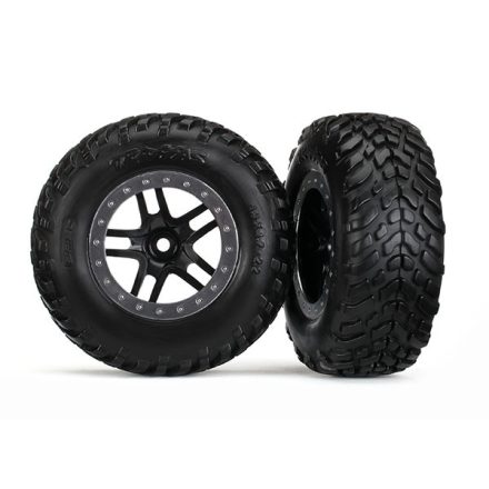 Traxxas Tires & wheels, assembled, glued (SCT Split-Spoke black, satin chrome beadlock style wheel, dual profile (2.2" outer, 3.0" inner), SCT off-road racing tires, foam inserts) (2)