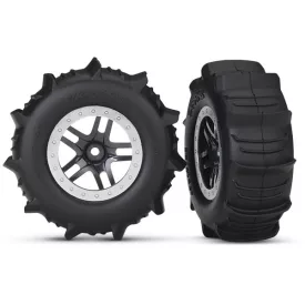   Traxxas Tires & wheels, assembled, glued (SCT Split-Spoke satin chrome, beadlock style wheels, paddle tires, foam inserts) (2) (4WD front/rear, 2WD rear only) (TSM rated)