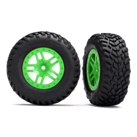   Traxxas  Tires & wheels, assembled, glued (SCT Split-Spoke green wheels, SCT off-road racing tires, foam inserts) (2) (4WD f/r, 2WD rear) (TSM rated)