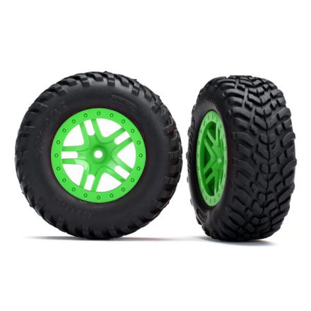 Traxxas  Tires & wheels, assembled, glued (SCT Split-Spoke green wheels, SCT off-road racing tires, foam inserts) (2) (4WD f/r, 2WD rear) (TSM rated)