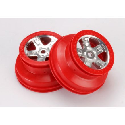 Traxxas Wheels, SCT satin chrome with red beadlock, dual profile (2.2" outer, 3.0" inner) (2)