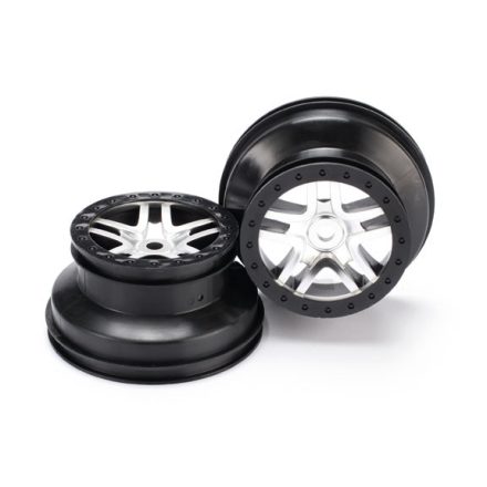 Traxxas Wheels, SCT Split-Spoke, satin chrome, black beadlock style, dual profile (2.2" outer, 3.0" inner) (front/rear) (2)