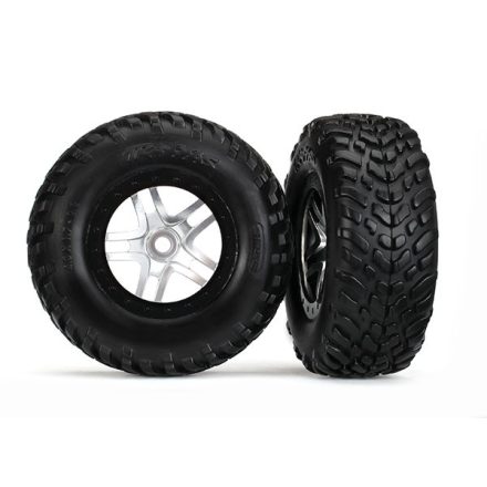 Traxxas  Tires & wheels, assembled, glued (S1 compound) (SCT Split-Spoke satin chrome, black beadlock style wheels, dual profile (2.2" outer, 3.0" inner), SCT off-road racing tires, foam inserts) (2)