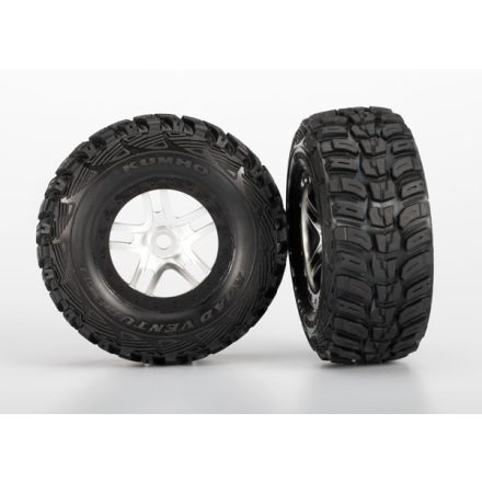 Traxxas  Tires & wheels, assembled, glued (S1 ultra-soft off-road racing compound) (SCT Split-Spoke satin chrome, black beadlock style wheels, dual profile (2.2" outer, 3.0" inner), Kumho tires, foam