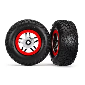  Traxxas Tires & wheels, assembled, glued (SCT Split-Spoke chrome, red beadlock style wheels, dual profile (2.2" outer, 3.0" inner), SCT off-road racing tires, inserts) (2) (front/rear)