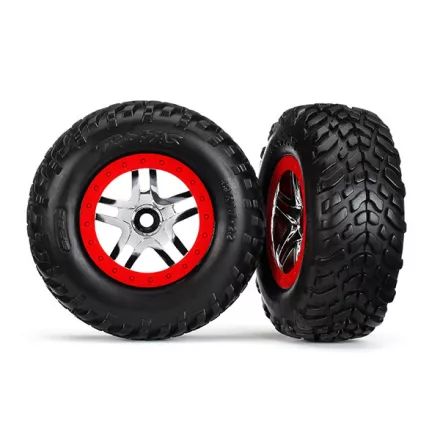 Traxxas Tires & wheels, assembled, glued (SCT Split-Spoke chrome, red beadlock style wheels, dual profile (2.2" outer, 3.0" inner), SCT off-road racing tires, inserts) (2) (front/rear)