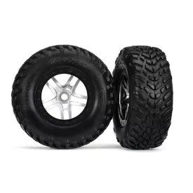   Traxxas Tires & wheels, assembled, glued (SCT Split-Spoke satin chrome, black beadlock wheels, dual profile (2.2" outer, 3.0" inner), SCT off-road racing tires, foam inserts) (2) (front/rear)