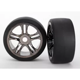   Traxxas Tires & wheels, assembled, glued (split-spoke, black chrome wheels, slick tires (S1 compound), foam inserts) (rear) (2)