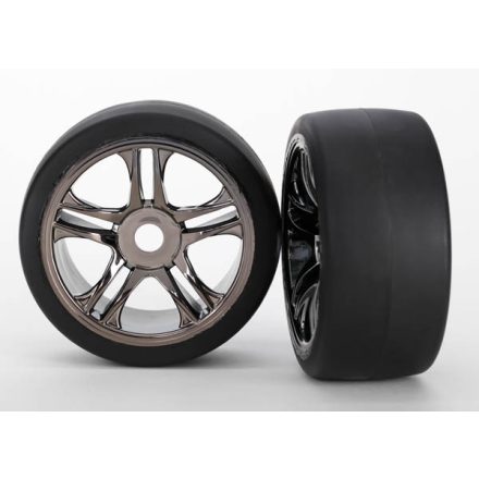 Traxxas Tires & wheels, assembled, glued (split-spoke, black chrome wheels, slick tires (S1 compound), foam inserts) (rear) (2)