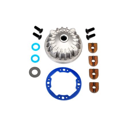 Traxxas Housing, center differential (aluminum)/ x-ring gaskets (2)/ ring gear gasket/ bushings (2)/ 5x10x0.5mm PTFE-coated washers (2)/ 2.5x8 CCS (4)