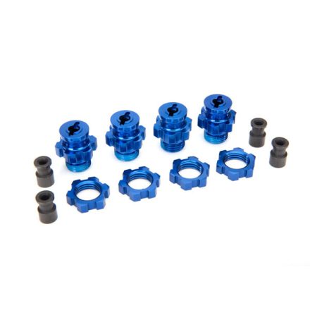 Traxxas Wheel hubs, splined, 17mm, short (4)/ wheel nuts, splined, 17mm (4) (blue-anodized)/ hub retainer M4 X 0.7 (4)/ axle pin (4)/ wrench, 5mm