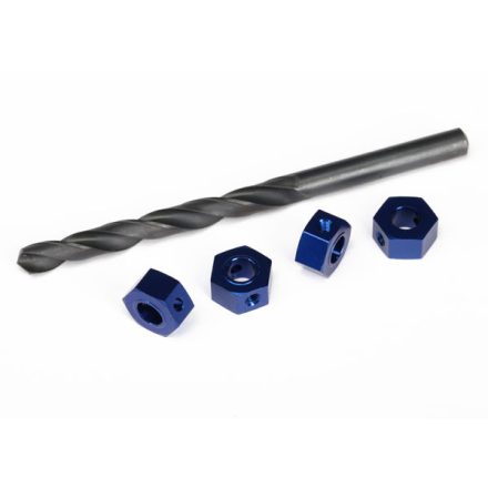 Traxxas  Wheel adaptors, 12mm hex, 6061-T6 aluminum (blue-anodized) (4)/ screw pins (4)/ drill bit, 0.25 inch (for 6mm shafts) (requires #6451 (x2), #6452 (x2), #6439, #6455, #5117 (x3))