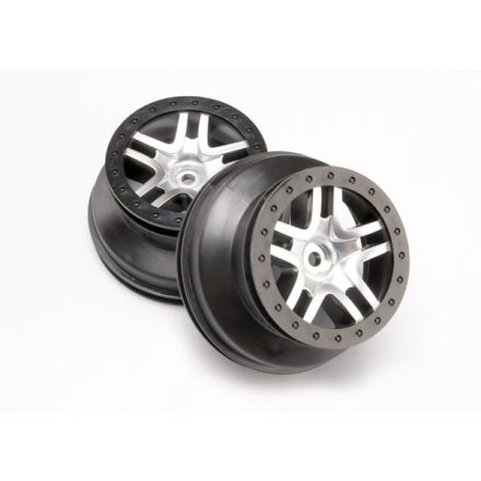 Traxxas Wheels, SCT Split-Spoke, satin chrome, black beadlock style, dual profile (2.2" outer, 3.0" inner) (4WD front/rear, 2WD rear only) (2)