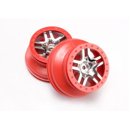 Traxxas Wheels, SCT Split-Spoke, chrome, red beadlock style, dual profile (2.2" outer, 3.0" inner) (4WD front/rear, 2WD rear) (2)