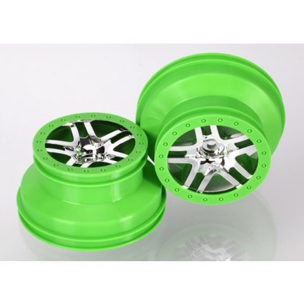 Traxxas  Wheels, SCT Split-Spoke, chrome, green beadlock style, dual profile (2.2" outer, 3.0" inner) (4WD front/rear, 2WD rear) (2)