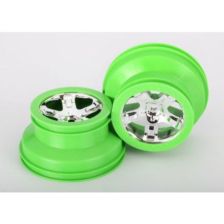 Traxxas Wheels, SCT, chrome, green beadlock style, dual profile (2.2" outer, 3.0" inner) (2) (4WD front/rear, 2WD rear only)