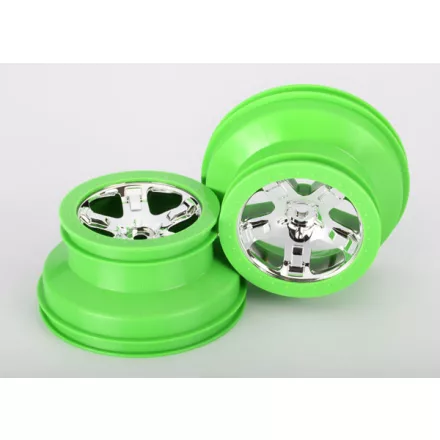 Traxxas Wheels, SCT, chrome, green beadlock style, dual profile (2.2" outer, 3.0" inner) (2) (4WD front/rear, 2WD rear only)