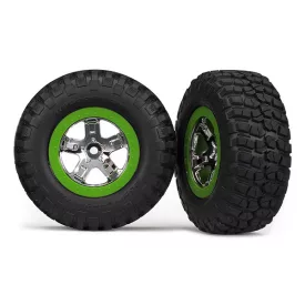   Traxxas Tires & wheels, assembled, glued (SCT, chrome, green beadlock wheel, BFGoodrich® Mud-Terrain™ T/A® KM2 tire, foam inserts) (2) (4WD front/rear, 2WD rear only)