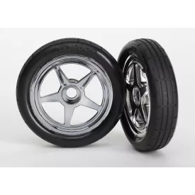   Traxxas Tires & wheels, assembled, glued (5-spoke chrome wheels, tires, foam inserts) (front) (2)