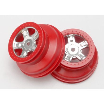 Traxxas Wheels, SCT satin chrome, red beadlock style, dual profile (1.8" inner, 1.4" outer) (2)