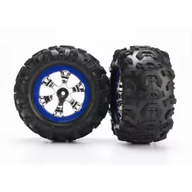   Traxxas Tires and wheels, assembled, glued (Geode chrome, blue beadlock style wheels, Canyon AT tires, foam inserts) (1 left, 1 right)