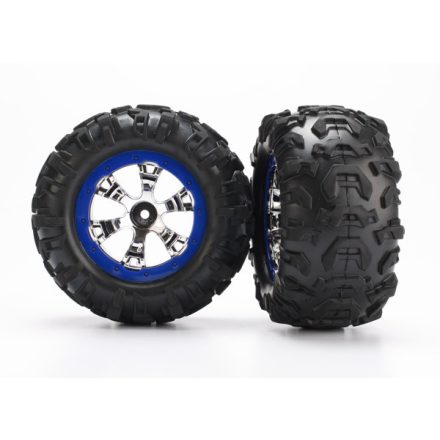 Traxxas Tires and wheels, assembled, glued (Geode chrome, blue beadlock style wheels, Canyon AT tires, foam inserts) (1 left, 1 right)