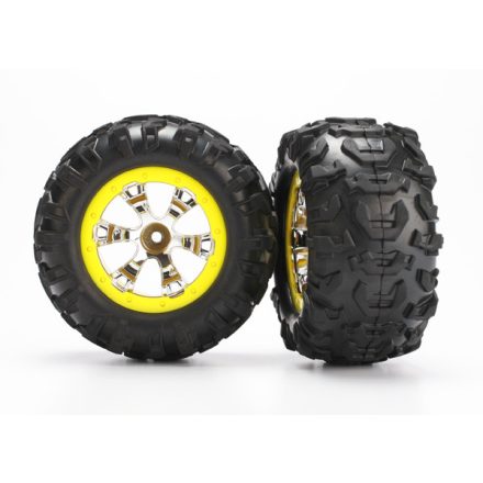 Traxxas Tires and wheels, assembled, glued (Geode chrome, yellow beadlock style wheels, Canyon AT tires, foam inserts)(1 left, 1 right)