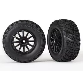   Traxxas  Tires & wheels, assembled, glued (black wheels, gravel pattern tires, foam inserts) (2) (TSM rated)