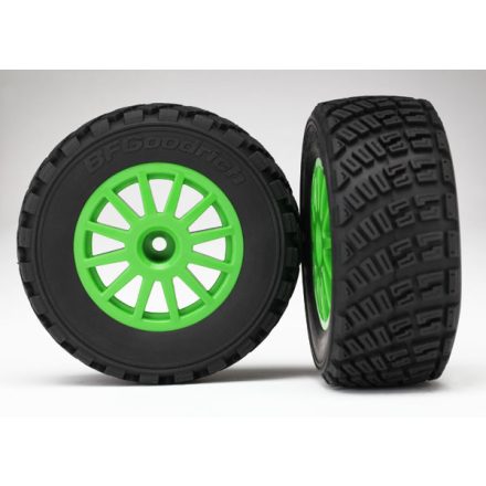 Traxxas Tires & wheels, assembled, glued (Green wheels, BFGoodrich® Rally, gravel pattern tires, foam inserts) (2) (TSM rated)