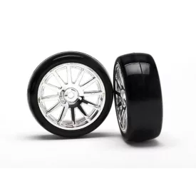   Traxxas  Tires & wheels, assembled, glued (12-spoke chrome wheels, slick tires) (2)