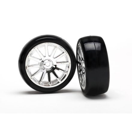 Traxxas  Tires & wheels, assembled, glued (12-spoke chrome wheels, slick tires) (2)