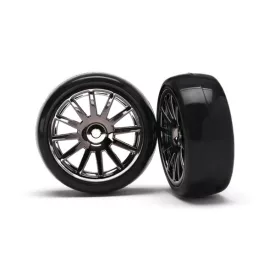   Traxxas Tires & wheels, assembled, glued (12-spoke black chrome wheels, slick tires) (2)