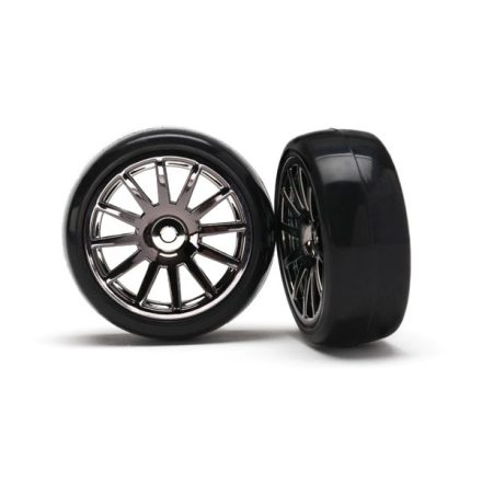 Traxxas Tires & wheels, assembled, glued (12-spoke black chrome wheels, slick tires) (2)