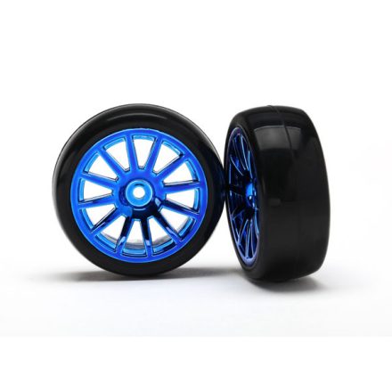 Traxxas Tires & wheels, assembled, glued (12-spoke blue chrome wheels, slick tires) (2)