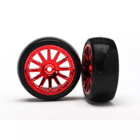   Traxxas Tires & wheels, assembled, glued (12-spoke red chrome wheels, slick tires) (2)
