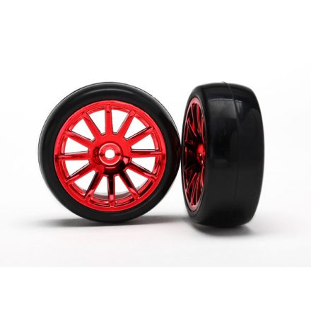 Traxxas Tires & wheels, assembled, glued (12-spoke red chrome wheels, slick tires) (2)