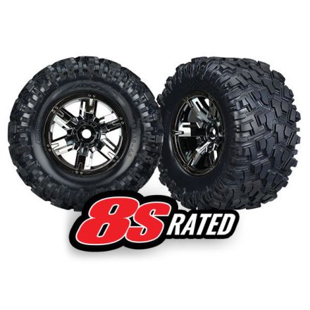 Traxxas Tires & wheels, assembled, glued (X-Maxx® black chrome wheels, Maxx® AT tires, foam inserts) (left & right) (2)