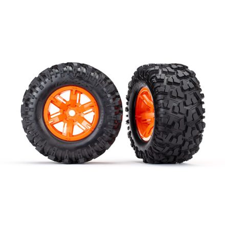Traxxas  Tires & wheels, assembled, glued (X-Maxx® orange wheels, Maxx® AT tires, foam inserts) (left & right) (2)