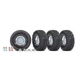   Traxxas Tires and wheels, assembled, glued (1.9" chrome wheels, Canyon Trail 4.6x1.9" tires) (4)/ center caps (4)/ decal sheet (requires #8255A extended stub axle)