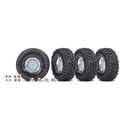 Traxxas Tires and wheels, assembled, glued (1.9" chrome wheels, Canyon Trail 4.6x1.9" tires) (4)/ center caps (4)/ decal sheet (requires #8255A extended stub axle)