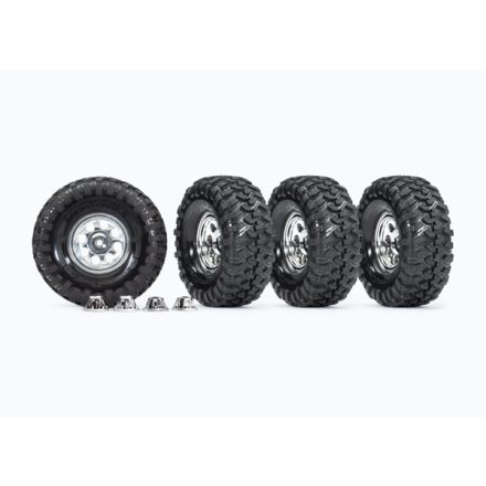 Traxxas Tires and wheels, assembled, glued (1.9" classic chrome wheels, Canyon Trail 4.6x1.9" tires) (4)/ center caps (4) (requires #8255A extended stub axle)