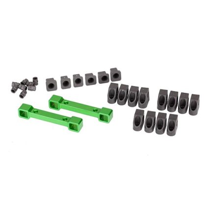 Traxxas Mounts, suspension arms, aluminum (green-anodized) (front & rear)/ hinge pin retainers (12)/ inserts (6)