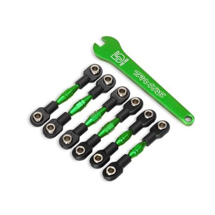 Traxxas Turnbuckles, aluminum (green-anodized), camber links, 32mm (front) (2)/ camber links, 28mm (rear) (2)/ toe links, 34mm (2)/ aluminum wrench