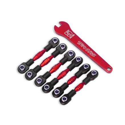 Traxxas Turnbuckles, aluminum (red-anodized), camber links, 32mm (front) (2)/ camber links, 28mm (rear) (2)/ toe links, 34mm (2)/ aluminum wrench