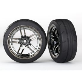   Traxxas Tires and wheels, assembled, glued (split-spoke black chrome wheels, 1.9" Response tires) (front) (2)