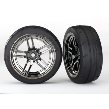 Traxxas Tires and wheels, assembled, glued (split-spoke black chrome wheels, 1.9" Response tires) (front) (2)