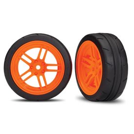   Traxxas Tires and wheels, assembled, glued (split-spoke orange wheels, 1.9" Response tires) (front) (2) (VXL rated)