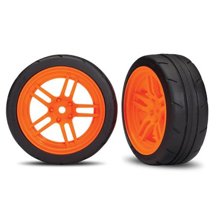 Traxxas Tires and wheels, assembled, glued (split-spoke orange wheels, 1.9" Response tires) (front) (2) (VXL rated)