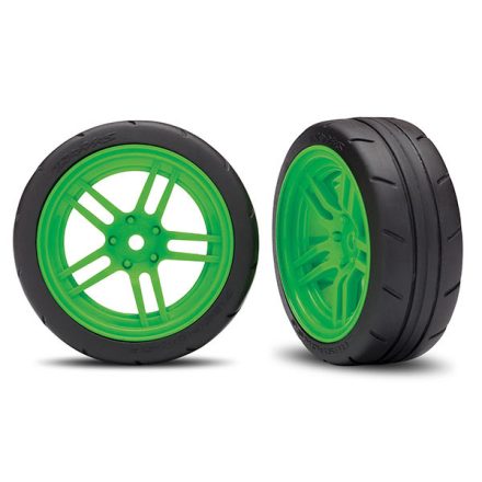 Traxxas Tires and wheels, assembled, glued (split-spoke green wheels, 1.9" Response tires) (front) (2) (VXL rated)